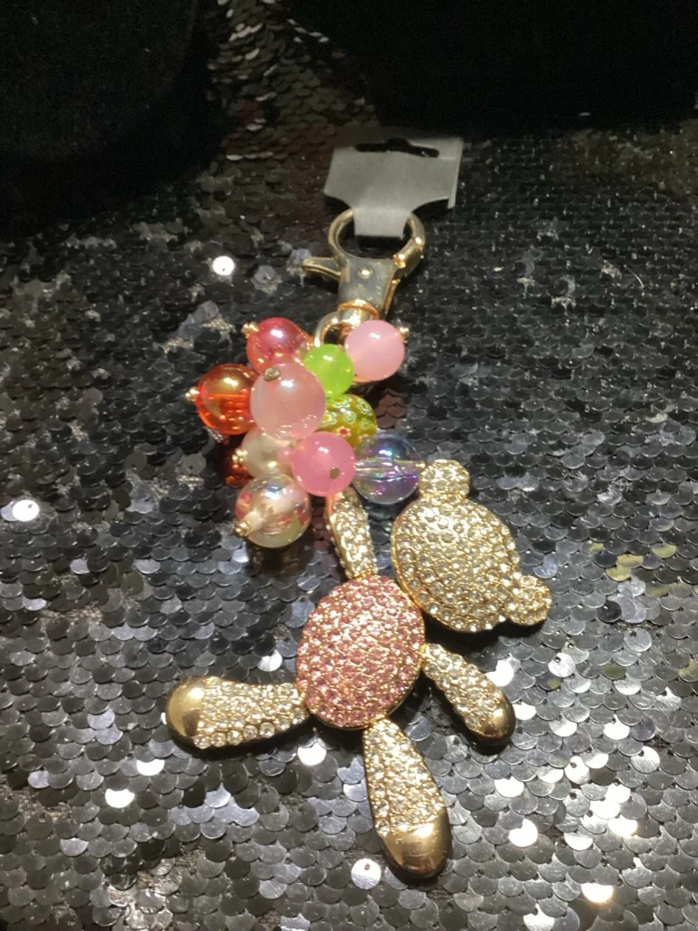 Rare Unique Gold Teddy Bag Charm with Pink and Multicolor Beads
